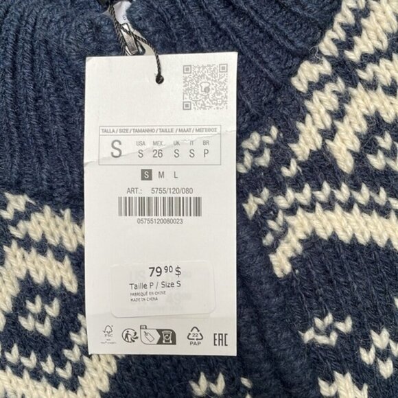 Zara Cable Knit Jacquard Cardigan Wool Ecru Blue Zip Up Jacket Small S New - Picture 5 of 7